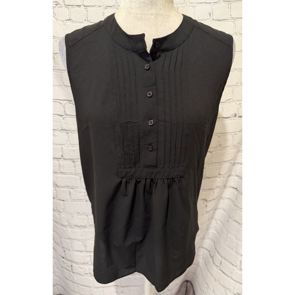 J. CREW Blouse Black Dressy Sleeveless Shirt Button Pin Tuck Tank Top Size 10